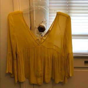Yellow smock blouse back tie flared sleeves medium